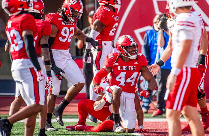 Indiana's Aaron Casey (44) celebrates during the second half of the Indiana versus Wisconsin football game at Memorial Stadium on Saturday, Nov. 4, 2023.
